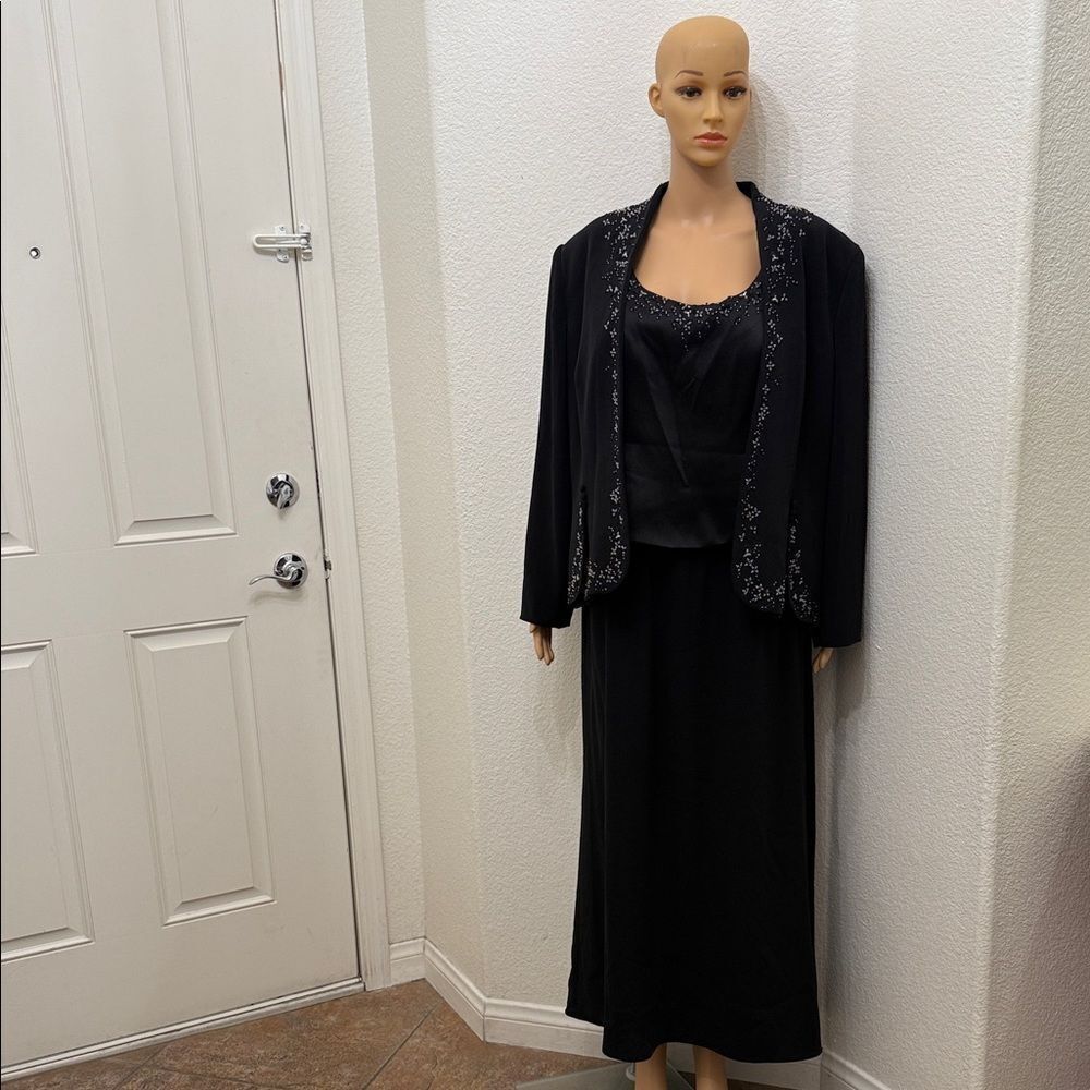 Montage by Mon Cheri Black Maxi Skirt & Jacket Set Silver Black Beaded Sz 18